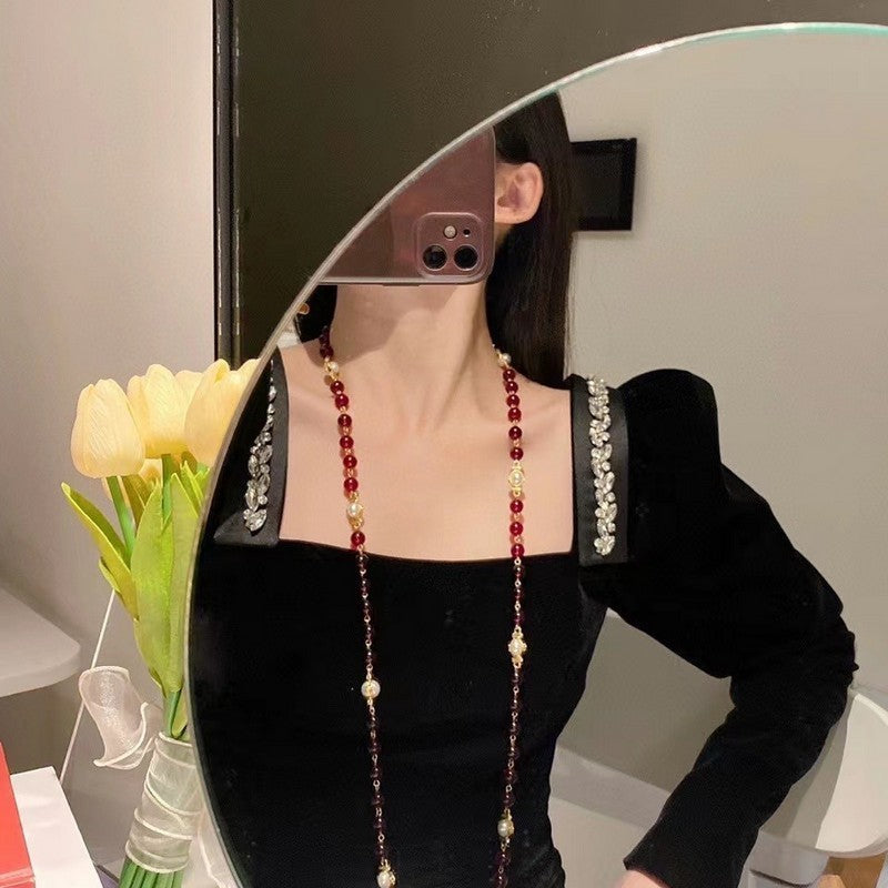 Chanel Long Red & White Pearls 18K Gold Necklace