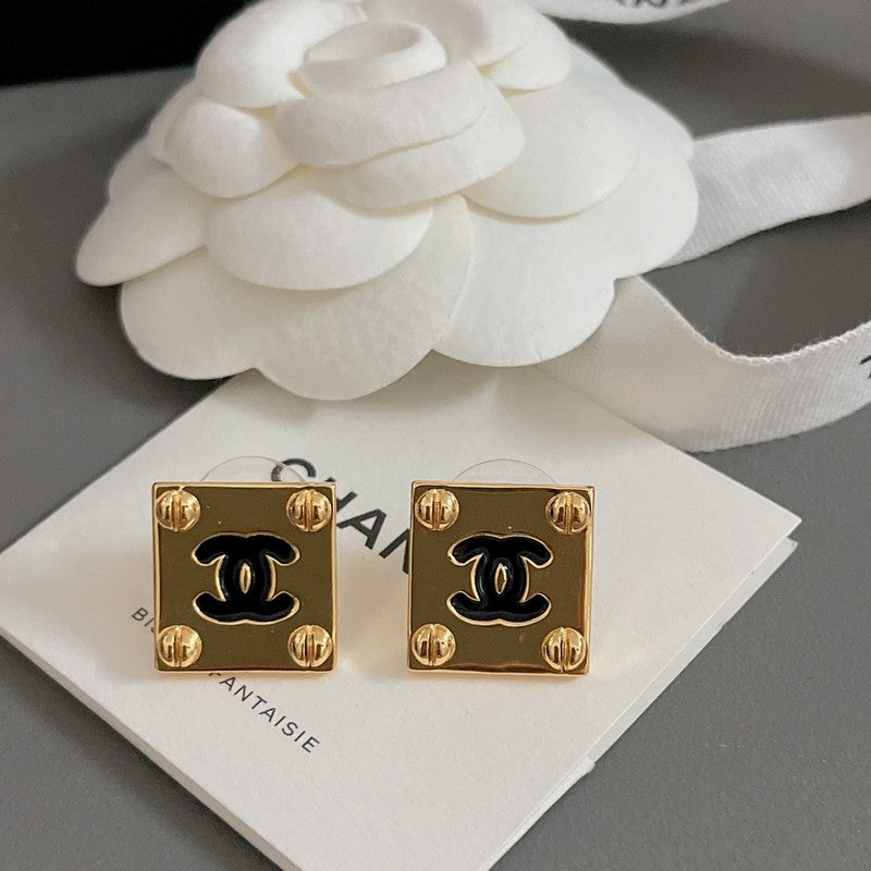 Chanel Black Gold Square 18K Gold Earrings