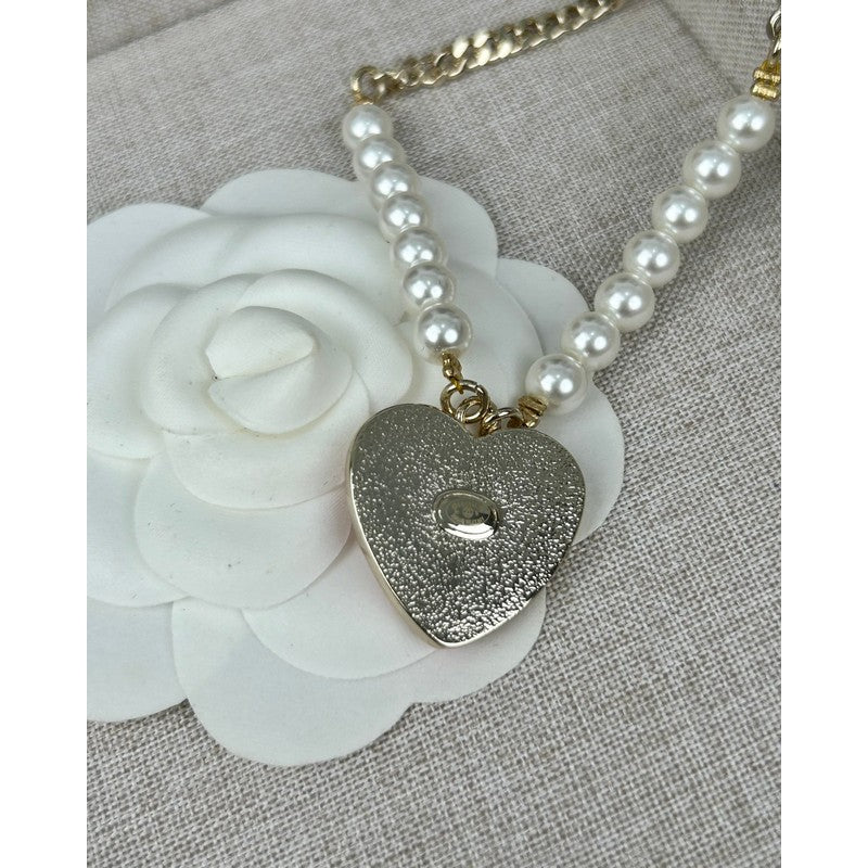 Chanel Pink & Black Heart Pearl 18K Gold Necklace